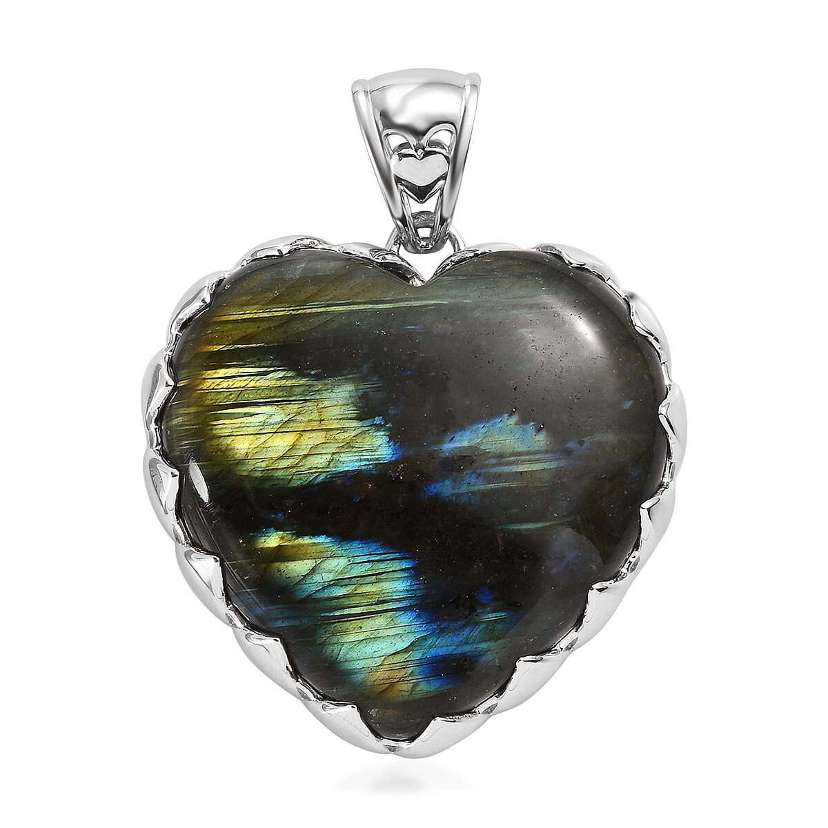 Sajen Silver Natural Labradorite 158.00 ctw Heart Pendant without Chain in Rhodium Over Sterling Silver