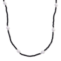 White Shell Pearl and Thai Black Spinel Beaded Endless Necklace in Silvertone 30 Inches