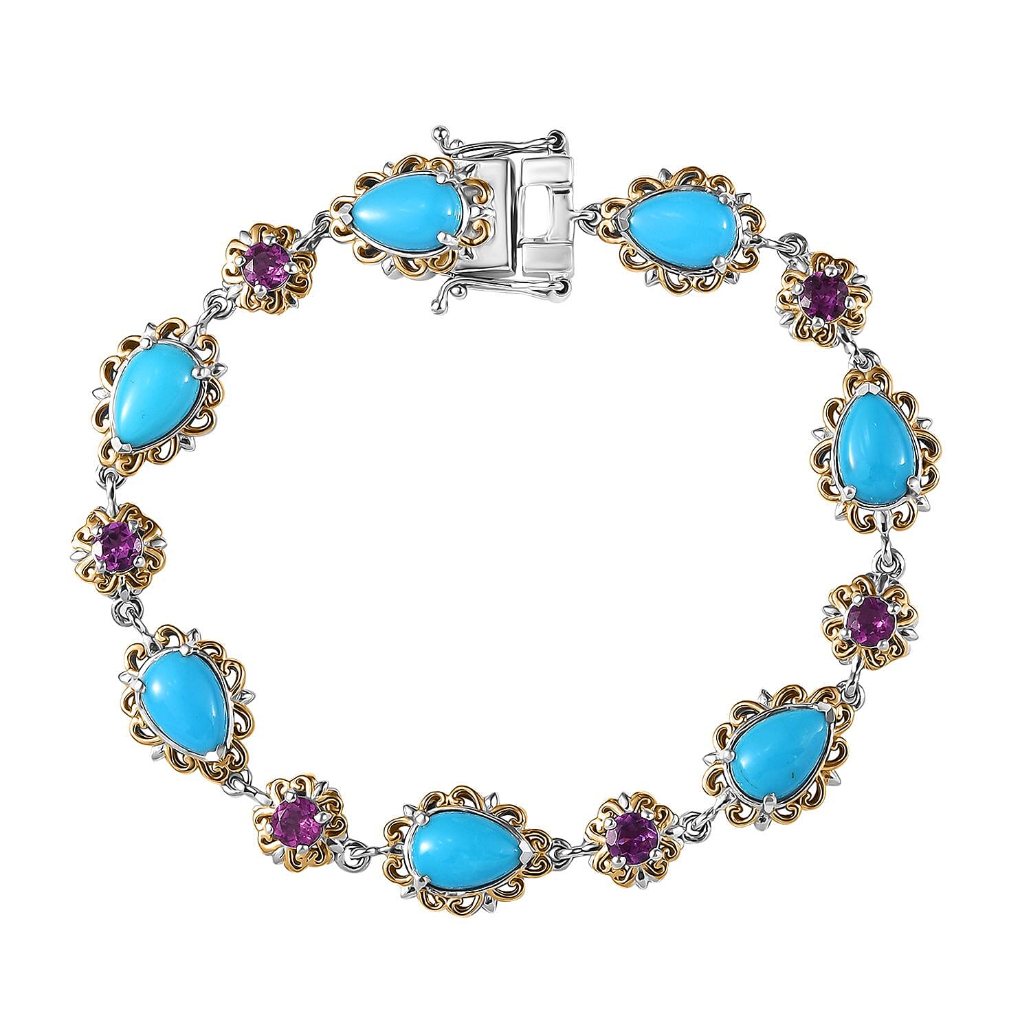 Epic Deal Premium Sleeping Beauty Turquoise, Radiant Ember Garnet Bracelet in 18K Vermeil YG and Rhodium Over Sterling Silver (7.25 In) 10.50 ctw