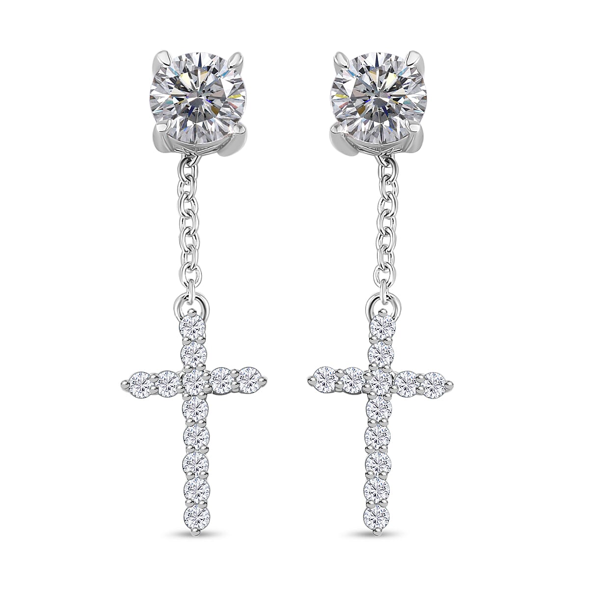Moissanite 1.85 ctw Cross Earrings in Rhodium Over Sterling Silver