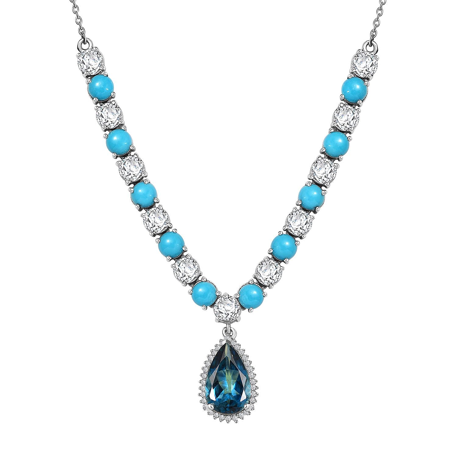 D'Joy Premium London Blue Topaz and Multi Gemstone 16.80 ctw Ocean Empress Necklace in Rhodium Over Sterling Silver 18 Inches