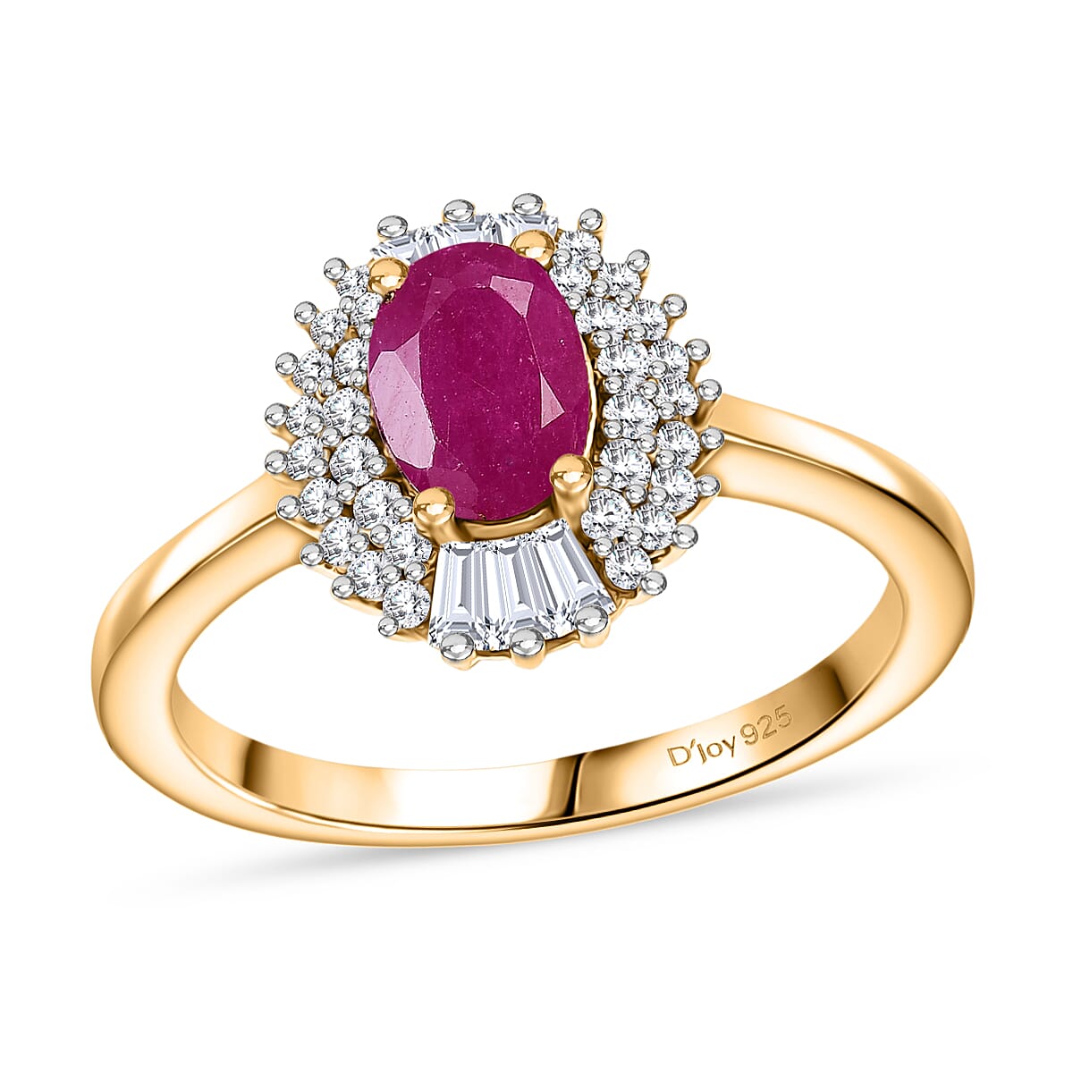 Premium Royal Ruby, Moissanite Rising Sun Ring in 18K Vermeil YG Over Sterling Silver (Size 10.0) 1.65 ctw