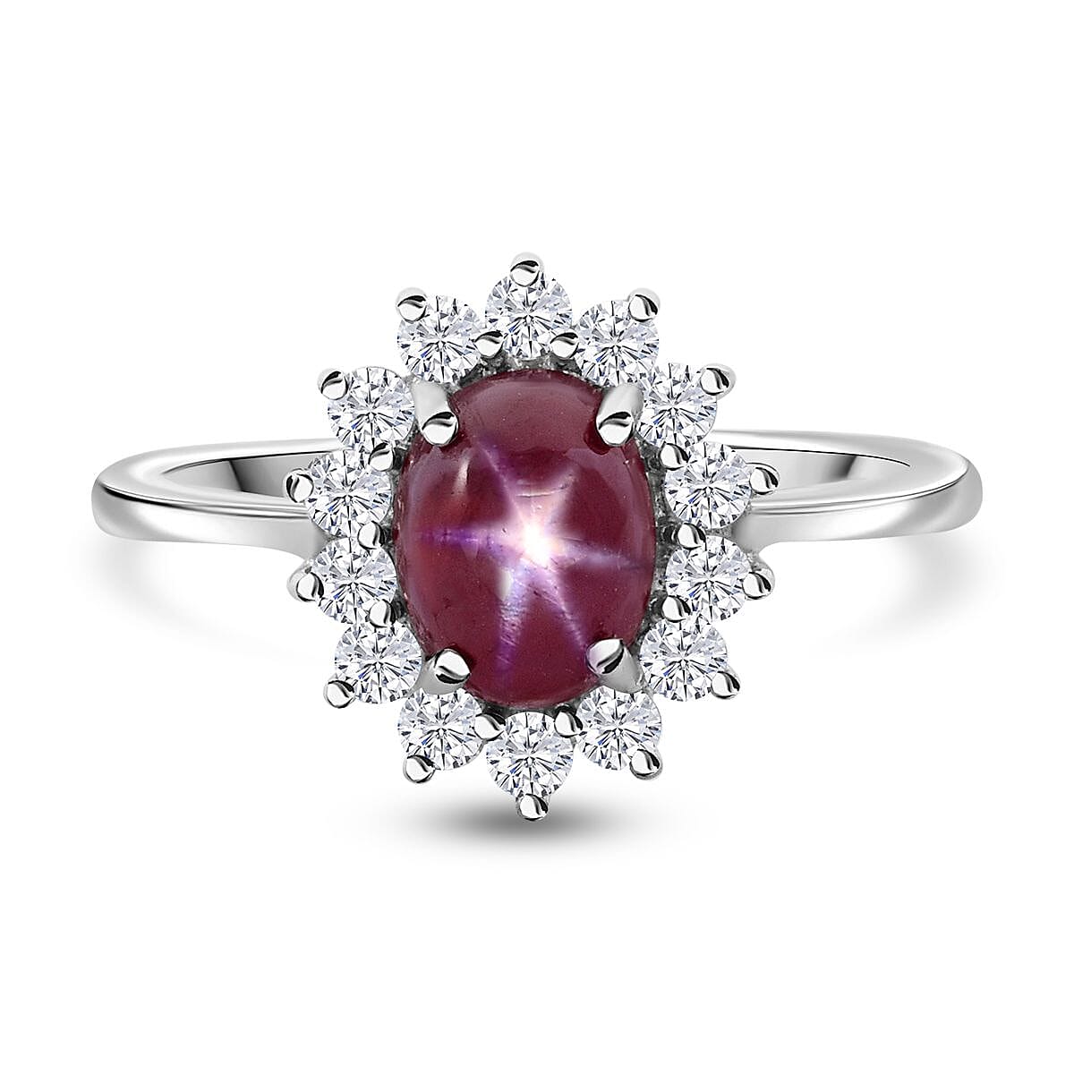 Premium Indian Star Ruby and White Zircon 2.75 ctw Sunburst Ring in Rhodium Over Sterling Silver (Size 10.0)