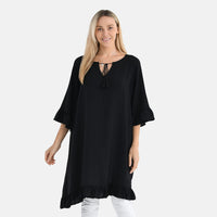 Black Viscose Blouse with Tassel Neck Tie Ruffle Trim - One Size Fits Most