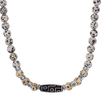 Nine Eyed Agate Dzi Beads and Dalmation Jasper 305 ctw Necklace 18-20 Inches in Silvertone