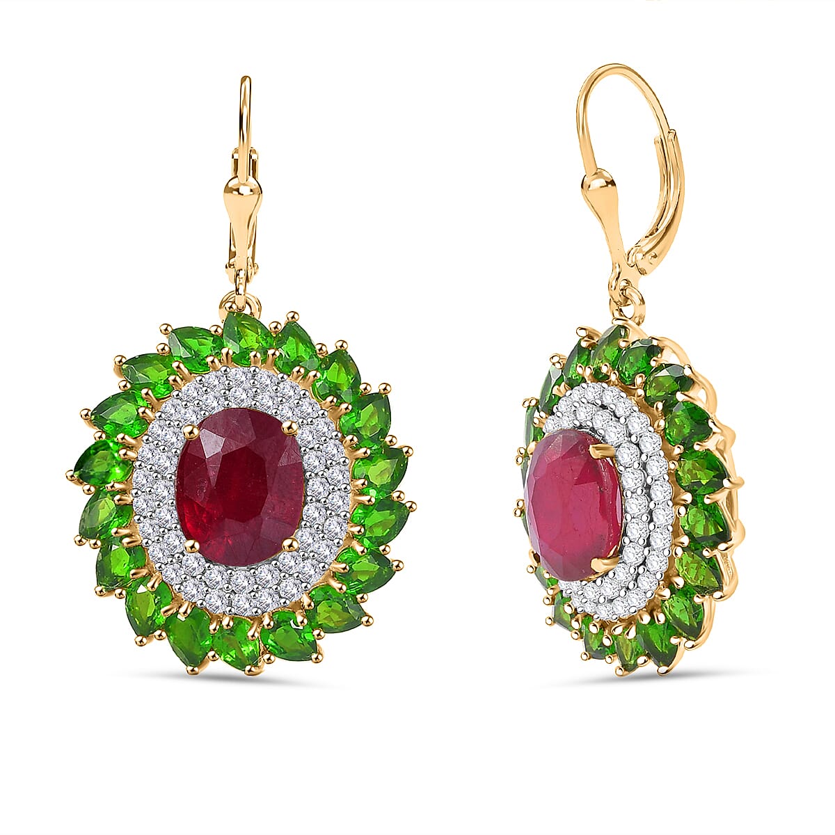 D'Joy Premium Niassa Ruby (FF) and Multi Gemstone 17.00 ctw Empress of the Forest Lever Back Earrings in 18K Vermeil Yellow Gold Over Sterling Silver