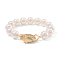 White Shell Pearl Bracelet with Leopard Lock in Goldtone (7.00 In)