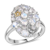 Karis Moon Glow Moonstone and White Zircon 2.00 ctw Moon Star Ring 18K YG Plated and Platinum Bond