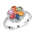 Premium Multi Sapphire, White Zircon Floral Ring in Rhodium Over Sterling Silver (Size 10.0) 2.00 ctw - Sticky add to cart bar