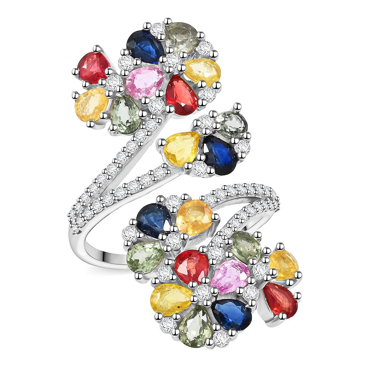 Premium Multi Sapphire and White Zircon 4.90 ctw Bypass Floral Ring in Rhodium Over Sterling Silver (Size 10.0)
