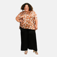 Tamsy Golden Floral Digitally Printed 2 Piece Satin Pant and Blouse Set - One Size Fits Most