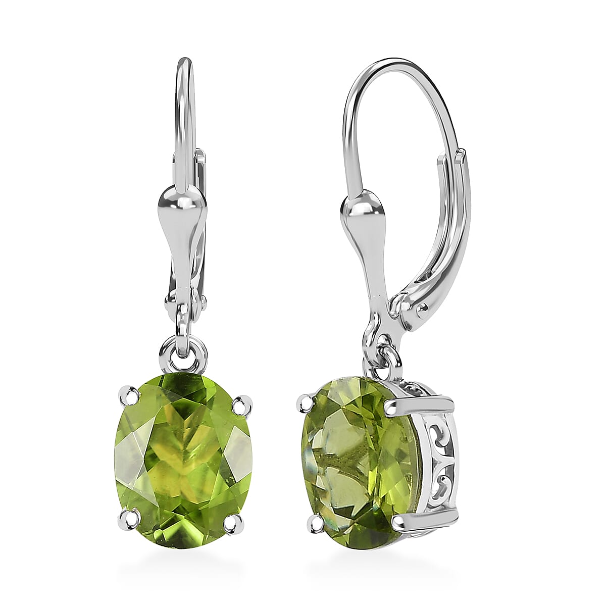 D'Joy Peridot 3.90 ctw Lever Back Earrings in Rhodium Over Sterling Silver