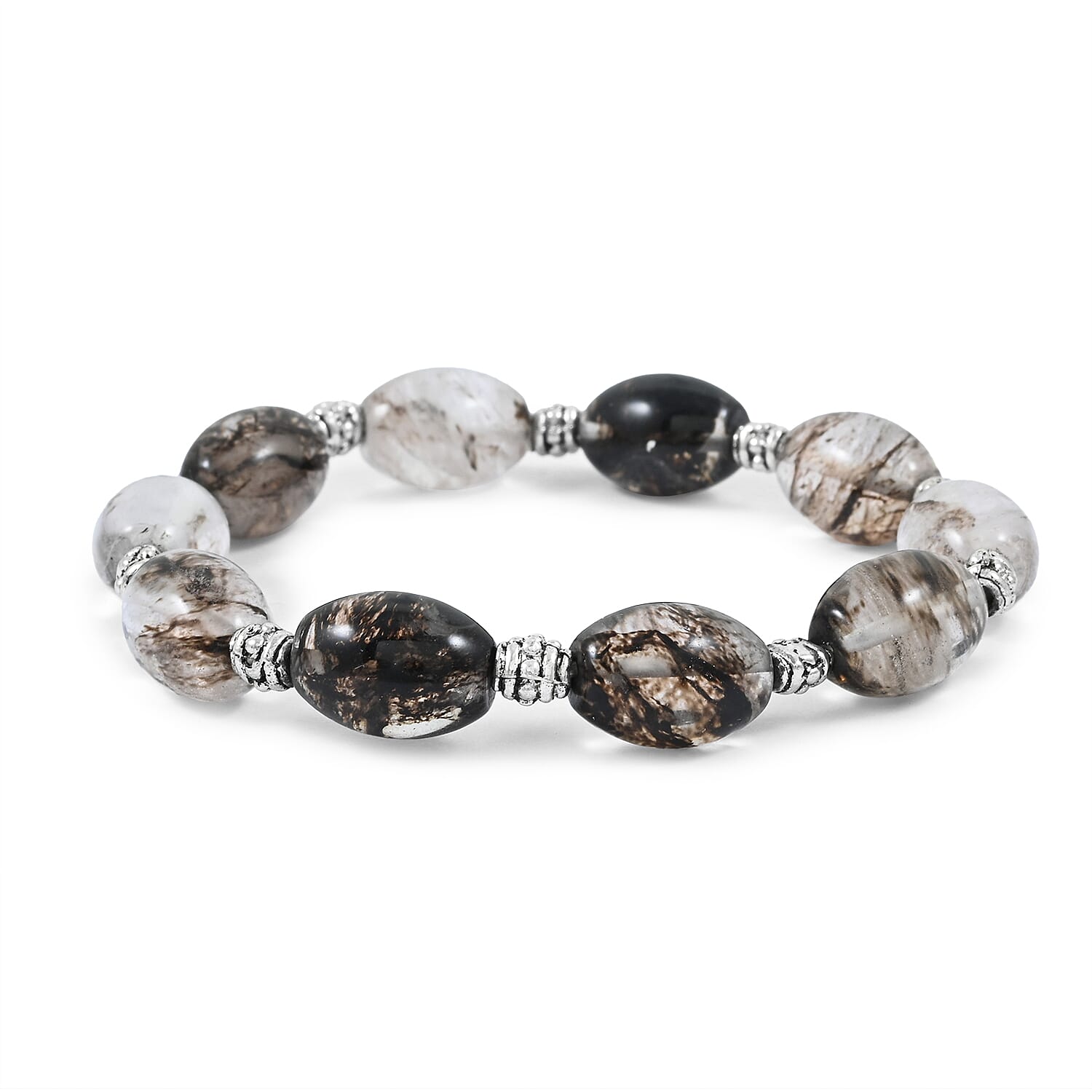 Black Moss Quartz Melon with Pewter 110.26 ctw Stretch Bracelet (6-7In)