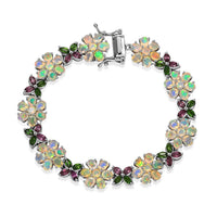 D'Joy Ethiopian Welo Opal, Orissa Rhodolite Garnet and Chrome Diopside Floral Bracelet in Rhodium Over Sterling Silver (6.50 In) 9.75 ctw