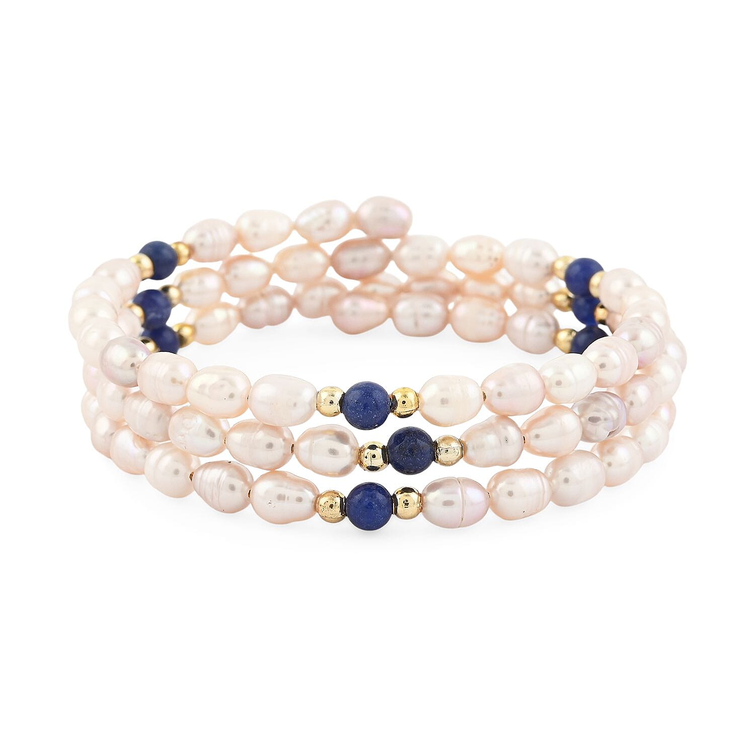 Pink Freshwater Pearls with Lapis Lazuli 7.00 ctw Beads Memory Wire Bracelet in Goldtone (7 In)