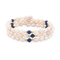 Pink Freshwater Pearls with Lapis Lazuli 7.00 ctw Beads Memory Wire Bracelet in Goldtone (7 In)