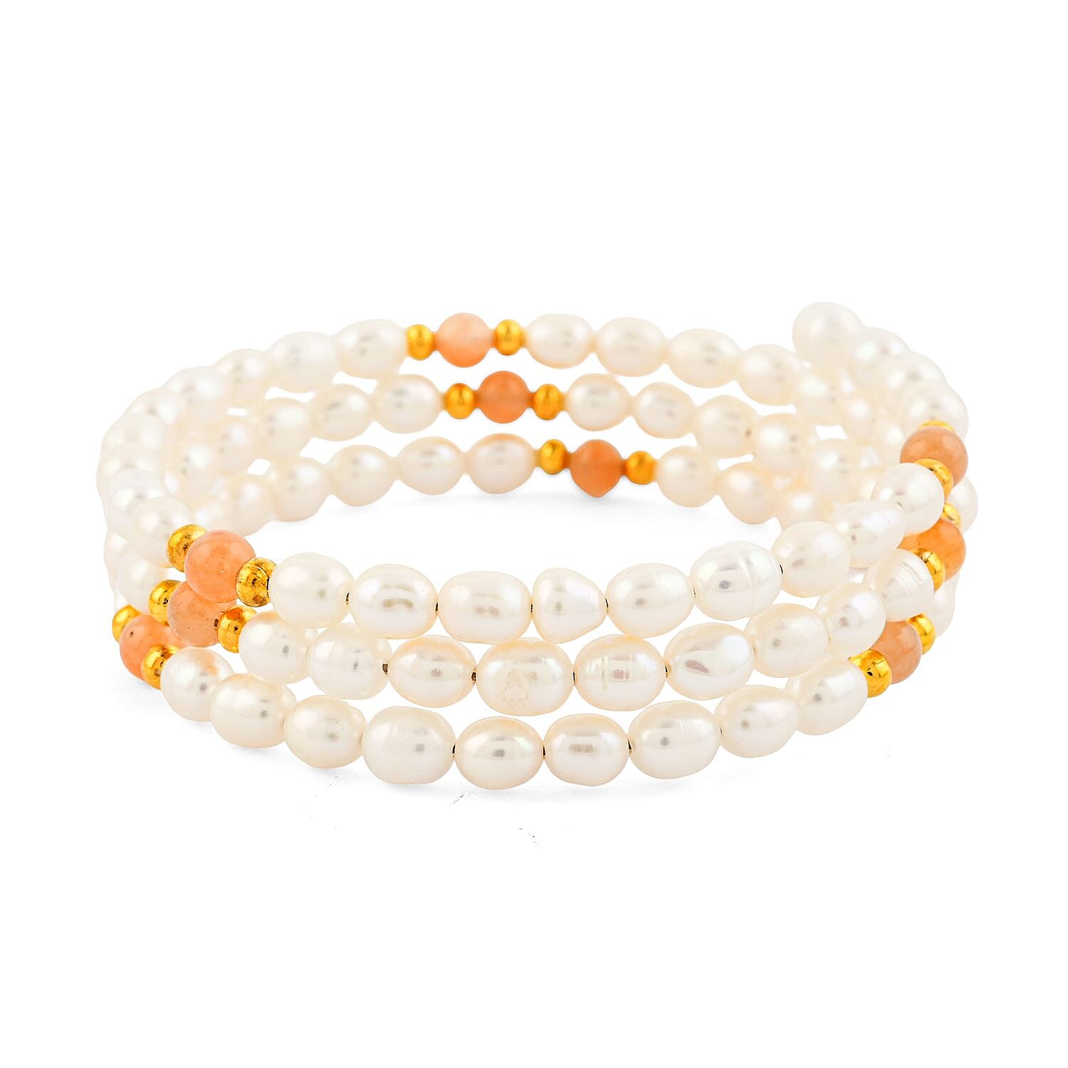White Freshwater Pearls with Citrine 7.00 ctw Beads Memory Wire Bracelet (7 In)