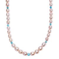 Pink Freshwater Pearl and Sleeping Beauty Turquoise 2.70 ctw Necklace in Rhodium Over Sterling Silver 18 Inches