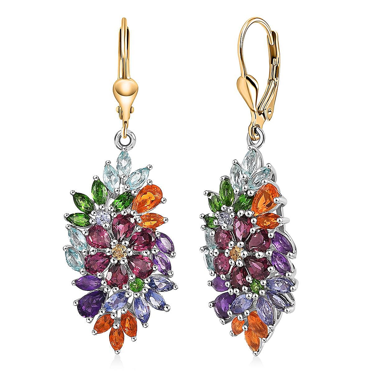 D'Joy Multi Gemstone 6.00 ctw Flowers Bouquet Earrings in 18K Vermeil YG and Rhodium Over Sterling Silver