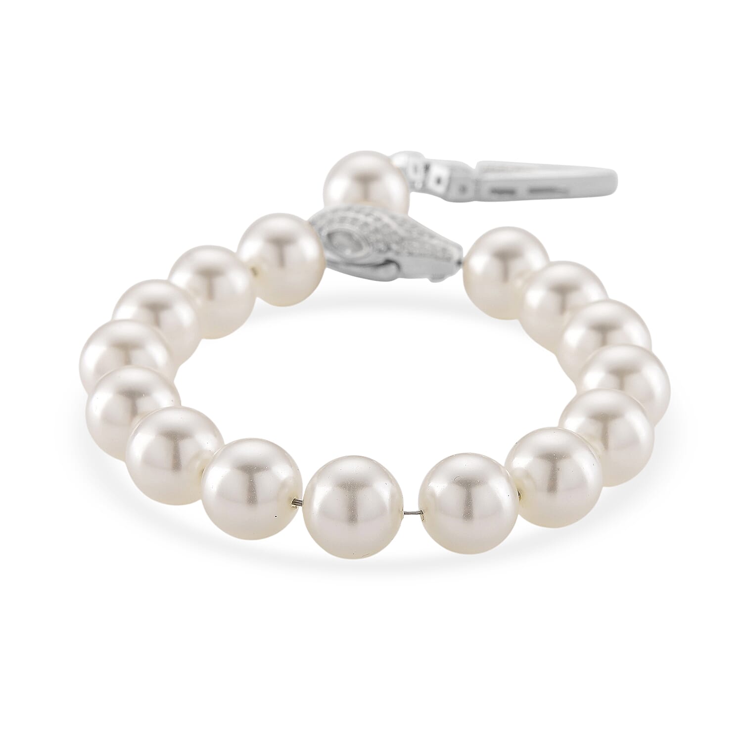 White Shell Pearl and Simulated Diamond Bracelet in Silvertone (7.00 In)