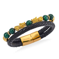 African Malachite 68.50 ctw Beaded and Leather Cord Bracelet in Goldtone (7.50 In)