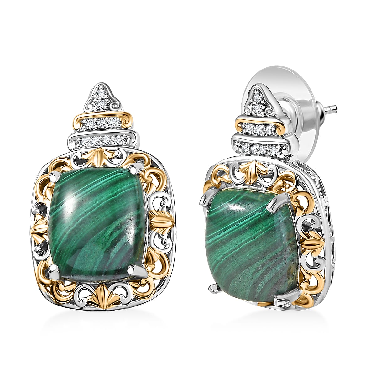 EverTrue African Malachite and White Zircon 14.85 ctw Vintage Era Earrings in 18K YG Plated and Platinum Bond