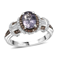D'Joy Premium Gray Spinel, Natural Champagne and White Diamond Ring in Rhodium Over Sterling Silver (Size 9.0) 1.70 ctw