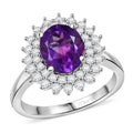 D'Joy African Amethyst ,  White Zircon  Main Stone With Side Stone Ring in Platinum OverSterling Silver 3.80 (Size 10.0) 3.36 ctw - Sticky add to cart bar