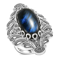 D'Joy Indian Artisan Crafted AAA Malagasy Labradorite Ring in Black Oxidised Sterling Silver (Size 10.0) 15.70 ctw