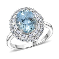 Certified & Appraised 10K White Gold AAA Mangoro Aquamarine, Luxuriant Diamond (G-H, SI) (0.74 cts) Cocktail Ring (Size 10.0) 3.11 ctw