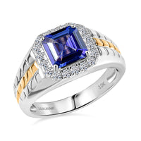 Certified & Appraised 10K White and Yellow Gold Asscher Cut AAA Tanzanite, Luxuriant Lab Grown Diamond (G-H, SI) (0.45 cts) Men's Ring (Size 10.0) (7 g) 3.00 ctw
