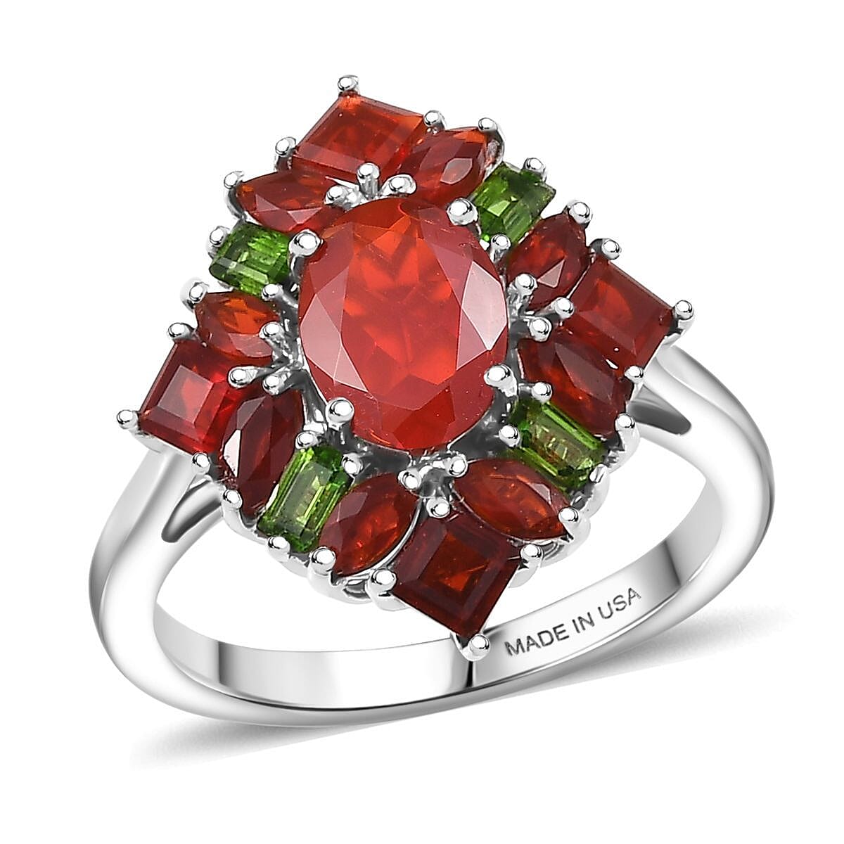 D'Joy Mexican Cherry Fire Opal, Chrome Diopside  Ring in Rhodium Over Sterling Silver (Size 6.0) 2.00 ctw