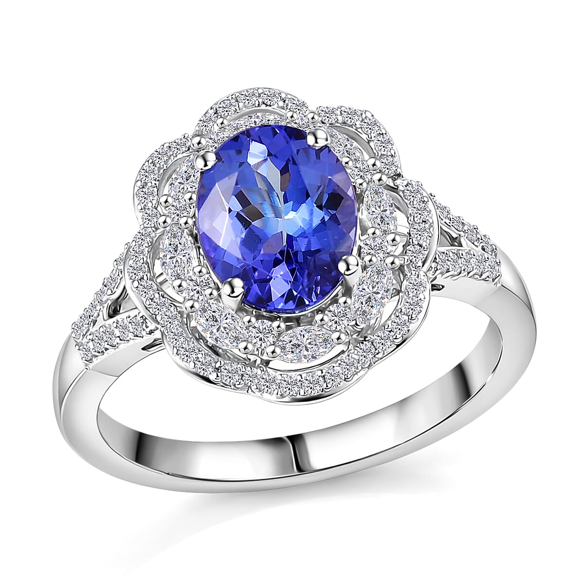 10K White Gold Premium Tanzanite, Luxuriant Lab Grown Diamond (E-F, VS) (0.40 cts) Blue Crownfire Ring (Size 6.0) 2.30 ctw