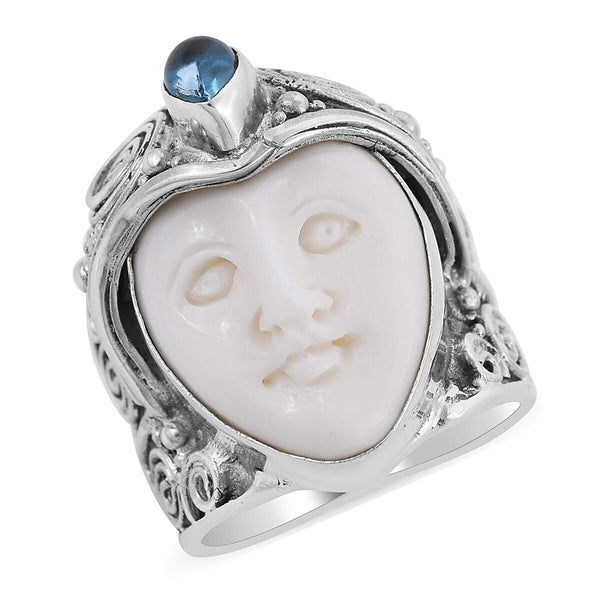 SAJEN SILVER Carved Bone and Sky Blue Topaz Ring in Sterling Silver 13.10 Grams 0.50 ctw - Product card gallery slide 1 (10144553107739)