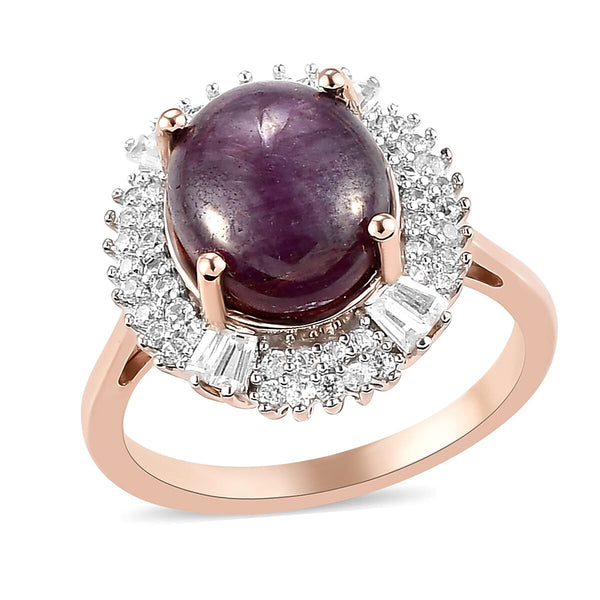 Indian Star Ruby and Natural White Zircon Halo Ring in Vermeil Rose Gold Over Sterling Silver (Size 9.0) 7.35 ctw
