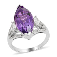 DOORBUSTER Lusaka Amethyst and Natural White Zircon Elongated Ring in Platinum Over Sterling Silver 8.50 ctw