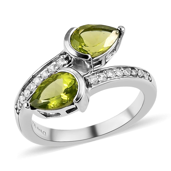 AMERICAN Natural Arizona Peridot and Natural White Zircon Bypass Ring in Platinum Over Sterling Silver (Size 10.0) 1.65 ctw - Product card gallery slide 1 (10144710099227)