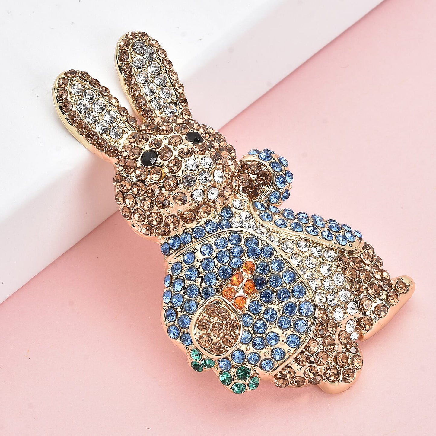 Multi Color Austrian Crystal Rabbit Brooch in Goldtone