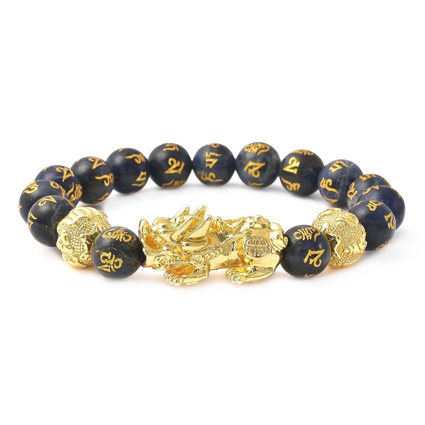 Feng Shui Black Obsidian Carved Beaded Bracelet in Goldtone 6.50 Inches 138.00 ctw