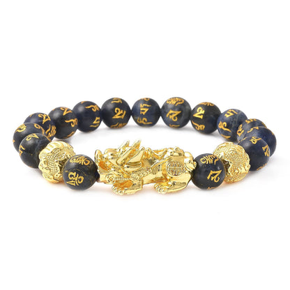 Feng Shui Black Obsidian Carved Beaded Bracelet in Goldtone 6.50 Inches 138.00 ctw