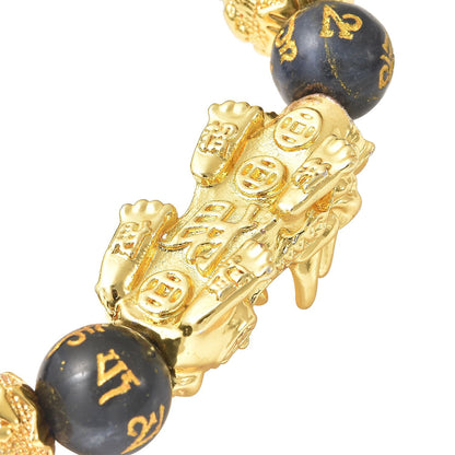 Feng Shui Black Obsidian Carved Beaded Bracelet in Goldtone 6.50 Inches 138.00 ctw