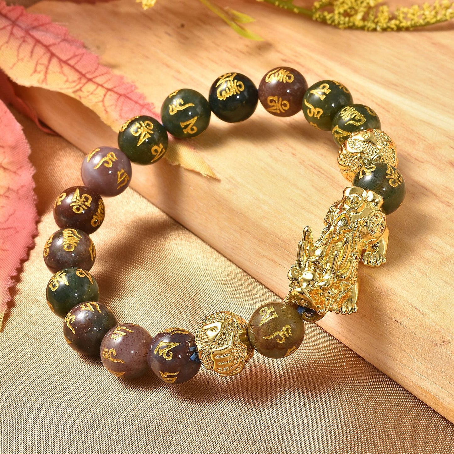 Feng Shui Black Obsidian Carved Beaded Bracelet in Goldtone 6.50 Inches 138.00 ctw