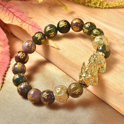 Feng Shui Black Obsidian Carved Beaded Bracelet in Goldtone 6.50 Inches 138.00 ctw