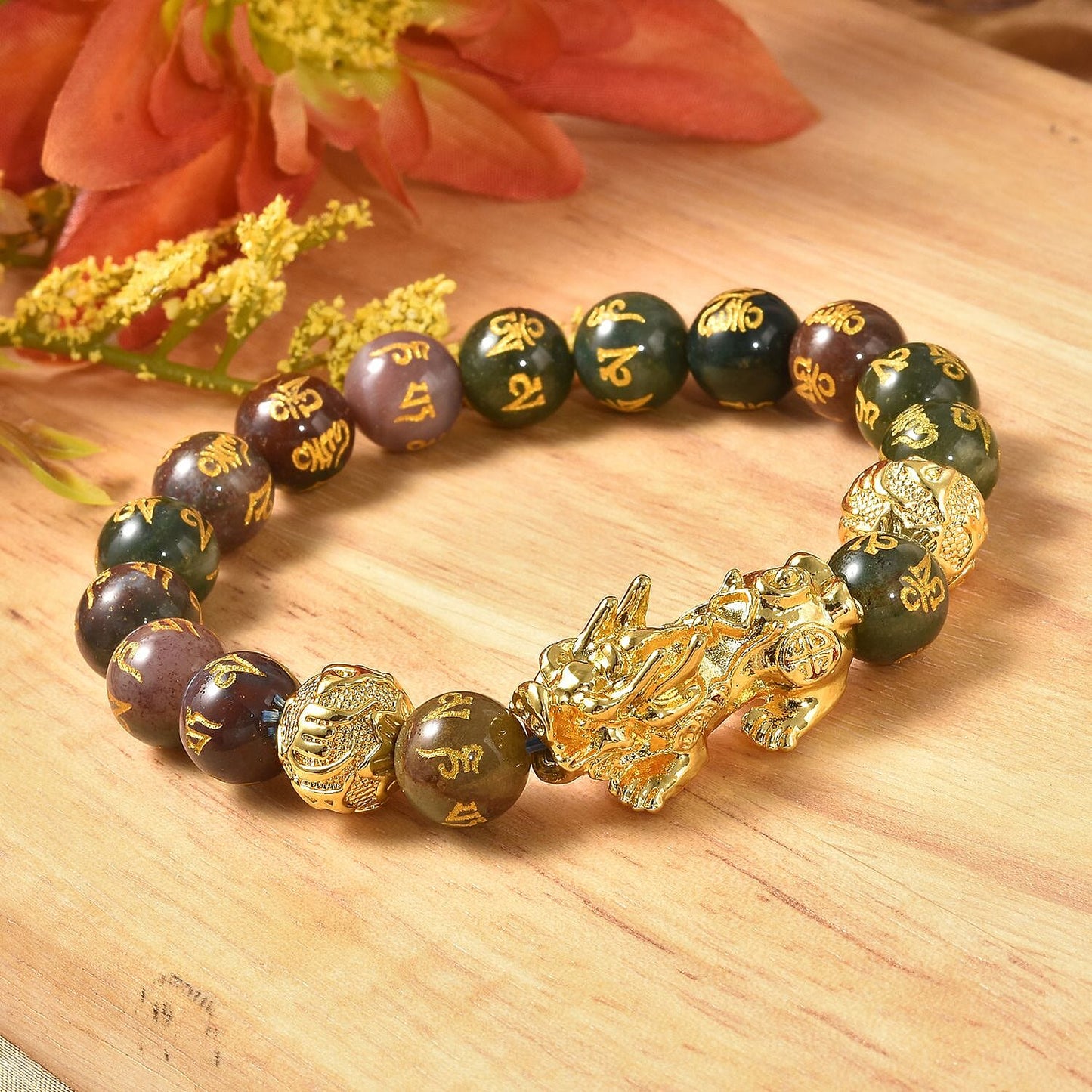 Feng Shui Black Obsidian Carved Beaded Bracelet in Goldtone 6.50 Inches 138.00 ctw