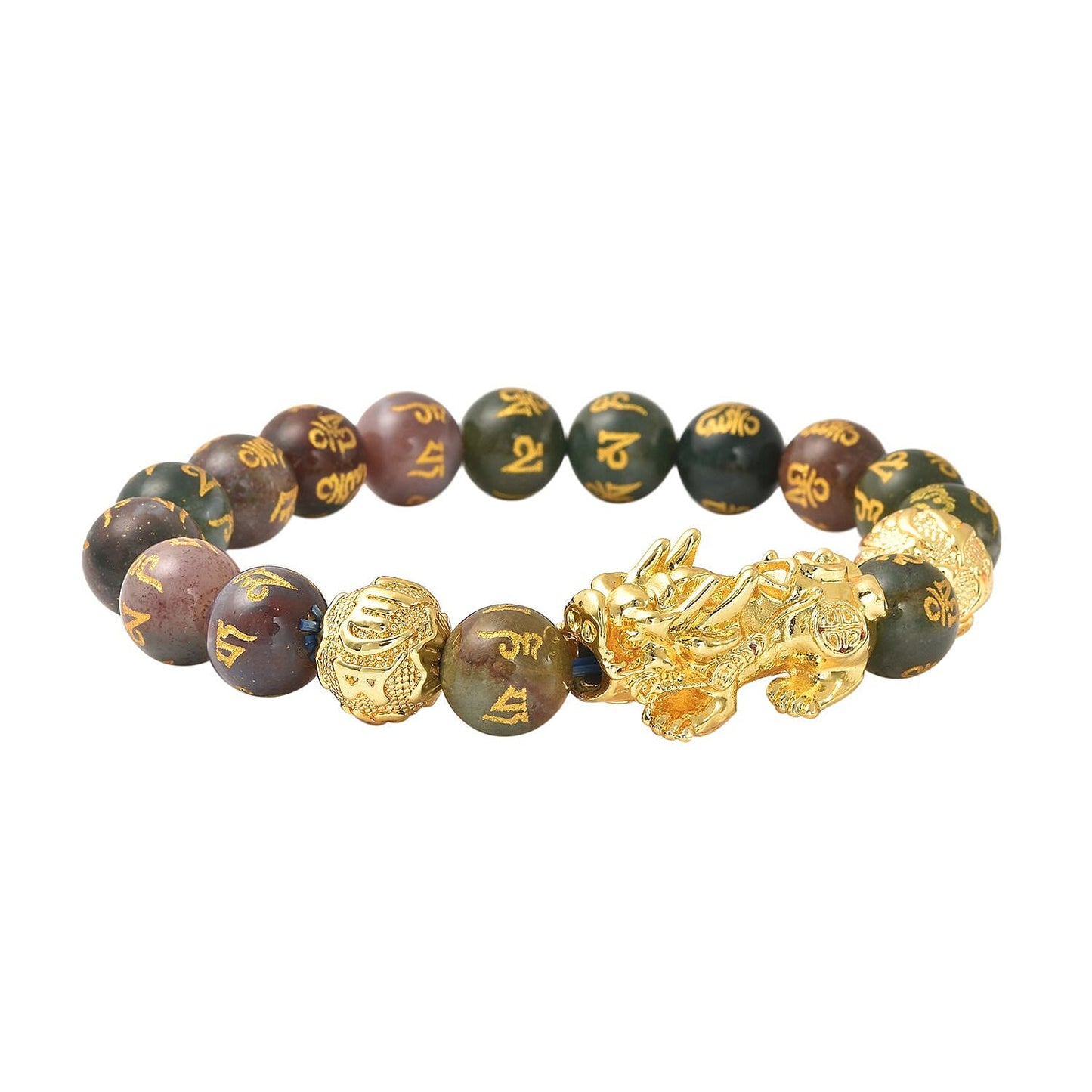 Feng Shui Black Obsidian Carved Beaded Bracelet in Goldtone 6.50 Inches 138.00 ctw