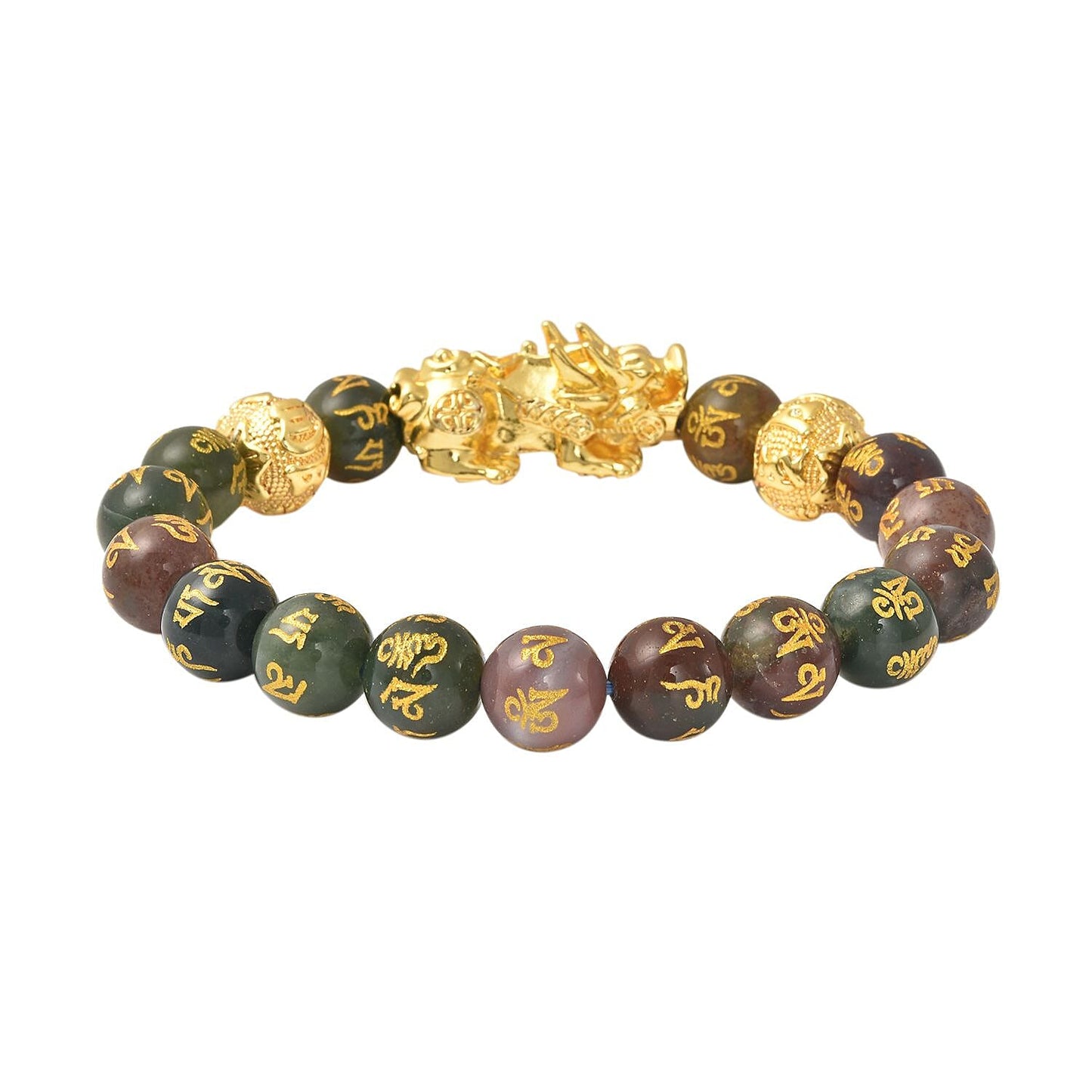 Feng Shui Black Obsidian Carved Beaded Bracelet in Goldtone 6.50 Inches 138.00 ctw