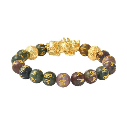 Feng Shui Black Obsidian Carved Beaded Bracelet in Goldtone 6.50 Inches 138.00 ctw