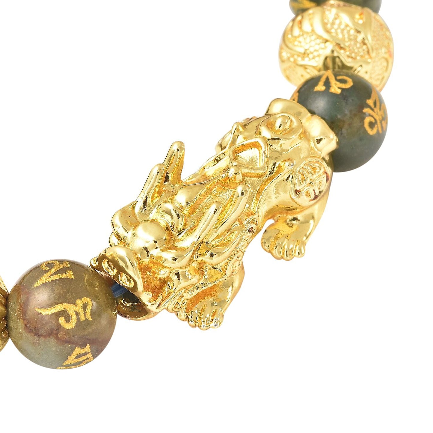 Feng Shui Black Obsidian Carved Beaded Bracelet in Goldtone 6.50 Inches 138.00 ctw