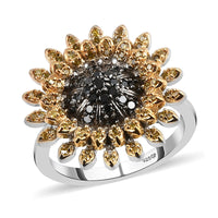 GP Black Diamond and Yellow Diamond Floral Ring in Rhodium & Platinum Over Sterling Silver (Size 7.0) 0.50 ctw