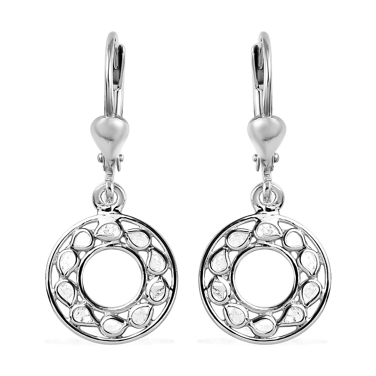 Polki Diamond Lever Back Hexagon Earrings in Sterling Silver 0.25 ctw